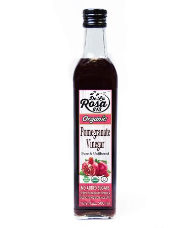 ORGANIC 100% Pure Pomegranate Vinegar - De La Rosa 16.9oz - Raw & Unfiltered | Vegan, Gluten-Free, Kosher | Great for salads, dressings, marinades and more!