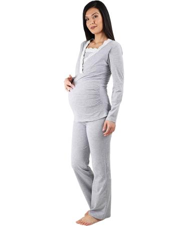 Nursing Pyjamas Set with Lace | Maternity Sleepwear for Pregnancy & Breastfeeding - Long Sleeve - M Gray - Buy Online on GoSupps.com