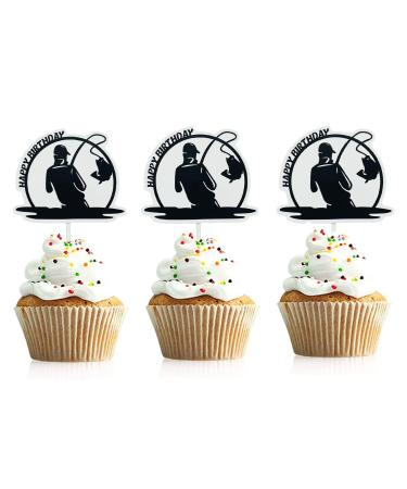 Funny Fishing Birthday Cupcake Topper 24Pcs Fisherman Birthday Cupcake Decorations Outdoor Gone Fishing Themed Party Supplies For Men Women Birthday baby shower Retirement