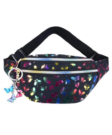 Belt pocket children girl belly pocket butterfly printing fashion waterproof black belly pocket women glitter children bunkbag add a butterfly keychain to butterfly print black