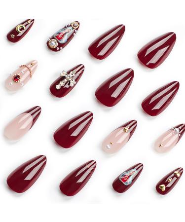 Shop Medium Press on Nails - Almond Acrylic Nails with Gold Burgundy French Tips & 3D Charms - Perfect Glue on Nails for Women - Buy Online on GoSupps.com