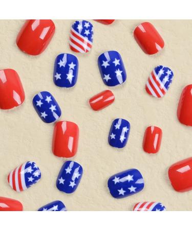 24Pcs Independence Day Fake Nails | July 4th Red Blue Line Acrylic Full Cover Nails | American Flag Design Press on Nails for Women & Girls - Style 2 - Buy Online on GoSupps.com