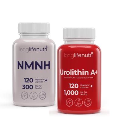 LongLifeNutri NMNH 300 mg & Urolithin A+ 1000 mg Bundle 120 Veg Capsules Each 2-Month Supply Cellular Energy & Longevity Support Lab Tested Made in USA