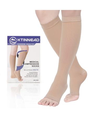 Ktinnead Compression Socks for Women and men 20-30 mmhg, Knee High Graduated Compression Stockings, Opaque, Open Toe, Unisex, Beige, Large Beige Large