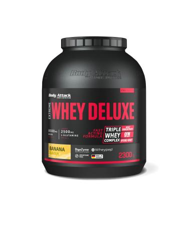 Body Attack Extreme Whey Deluxe - Banana Cream 2.3 kg - Made in Germany - Protein powder with amino acids triple whey complex CFM Whey Isolate perfectly soluble protein powder low in fat sugar arm Banana Cream 2.3 kg (1 Pack)