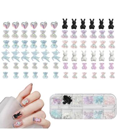 Bear Nail Charms 72 Pcs Aurora Teddy Bear Nail Art Charms Cute 3D Heart Deer Rabbit Bowknot Nail Rhinestones Gems Nail Art Decorations Accessories