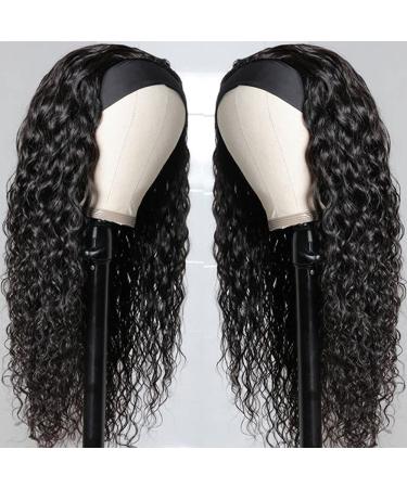 Lovigs Water Wave Headband Wig 24 Inch - Brazilian Virgin Hair Machine Made Natural Color 1B - Curly None Lace Front Wigs for Black Women - Buy Online on GoSupps.com