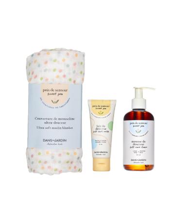 DANS UN JARDIN - Babycare Gift Set Made in Canada with over 95% of Natural Origin Ingredients - Soft Care Foam Soft Care Milk & Ultra-Soft Muslin Blanket - Skin-Friendly Babycare Products - Pack of 3