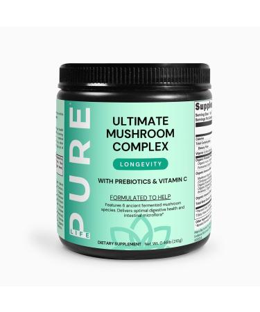 PURE LIFE Ultimate Mushroom Complex Powder with Prebiotics & Vitamin C Organic Fermented Mushroom Blend Supplement 0.46lb (210g) Reishi Cordyceps Turkey Tail & More Fruit Punch Flavor