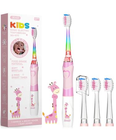 Seago SG977 Kids Electric Toothbrushes Age 3+ Years Toddler Childrens Battery Toothbrush with Timer Colorful Flashing Light 4 Dupont Brush Heads for Childs Boys Girls Waterproof Deep Clean (Pink)