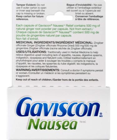 Gaviscon Anti Nausea Ginger Capsules - 25 Count - Tablets for Nausea Relief & Digestion Support Natural Ginger - Free of Aluminum Lactose and Gluten 18 Count (Pack of 1) - Buy Online on GoSupps.com