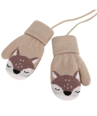 iEasey Cute Baby Winter Knitted Warm Mittens On String 0-3 Years Infant Toddler Fox Fleece Lined Gloves Kids Thermal Ski Snow Gloves Cold Weather Hand Warmer for Baby Girls Boys Xmas Gift Brown #C Light Brown