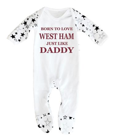 'Born To Love West Ham Just Like Daddy' Baby Boy Girl Sleepsuit Designed and Printed in the UK Using 100% Fine Combed Cotton 6-12 Months White/Black Stars
