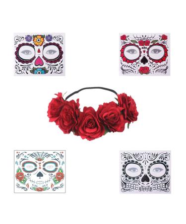 Day of The Dead Sugar Skull Face Temporary Tattoos Set with Flower Crown Headband - Perfect for Halloween Masquerade Party - Buy Online on GoSupps.com