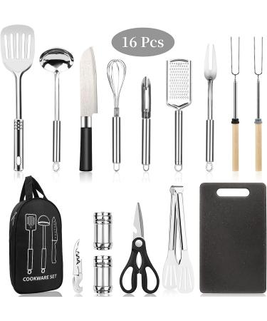 Stainless Steel Camping Cooking Utensils Set - 16 PCS BBQ Cookware Gear for Travel, RV, Picnic - Portable Kitchen Accessories - Buy Online on GoSupps.com