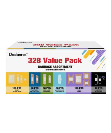 Variety Bandages Pack 328ct Assorted Bulk Various Sizes Shapes &Features | Sheer Fabric & Flex Fabric with Benzalkonium ECO Bamboo Fabric Waterproof Cartoon Blind Box Fragrance Bandages