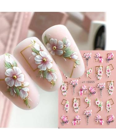 Flower Nail Art Stickers 5D Nail Stickers Acrylic Embossed Engraved Nail Decals Nail Art Supplies Pink White Floral Leaf Cherry Blossom Adhesive Sliders DIY Manicure Nail Art Decorations for Women Style5