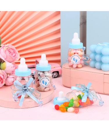 62 Pcs 3.5 Mini Milk Bottle Baby Shower Favor Set with 500 Thank You Stickers - Blue Plastic Bear Candy Bottles for Boy Girl Newborn Baptism Party Decor - Buy Online on GoSupps.com