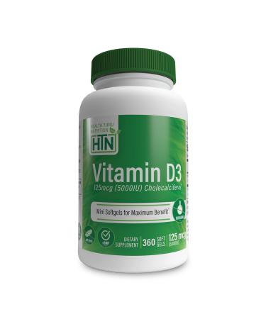 Health Thru Nutrition Vitamin D3 5 000iu 125mcg Cholecalciferol | Mini Softgels for Maximum Benefit | 3rd Party Tested | Non-GMO USP Grade in Organic EVOO | Immune Health Support (Pack of 360) Unflavored 360 Count (Pack of 1)