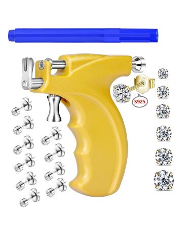 Professional Ear Piercing Gun Kit with 6 Pairs S925 Sterling Silver Earrings (18K Yellow Gold Plated)+10 Pairs 316L Surgical Stainless Steel Gun Stud Earrings for Body Nose Lip Salon Home Use