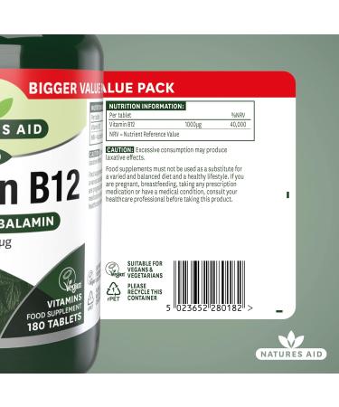Natures Aid Vitamin B12 Methylcobalamin Cherry Flavour 180 Tablets - One-A-Day Formula - Buy Online on GoSupps.com