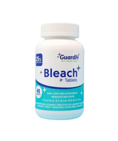 GuardH Bleach Tablets - 40 count. Bleach for laundry and multipurpose cleaning. Liquid bleach Alternative. Used for kitchen surfaces, bathroom tiles and toilet bowl cleaning.