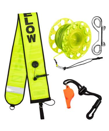 5ft Scuba Diving Surface Marker Buoy (SMB), Safety Sausage with Plastic 98ft Finger Spool Reel and Double Ended Hook Clip + Emergency Whistle for Underwater Diving Yellow