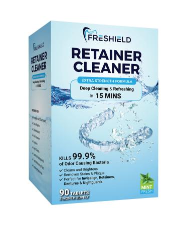 FRESHIELD Retainer & Denture Cleaner Tablets - Remove Stain Plaque Bad Odor, Compatible with Invisalign, Dentures, Retainers, Mouth Guards, Braces, Teeth Straighteners, Night Guards, Dental Appliances 90 Count (Pack of 1)