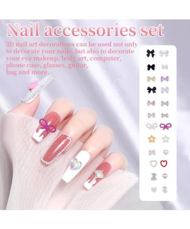 3D Nail Charms 2 Boxes Multi-Shape Black White Aurora Bows Heart Nail Art Charms Nail Pearls Bowknot Stars Shell Nail Rhinestones Gems for Nail Art Decoration DIY Crafts (E) - Buy Online on GoSupps.com