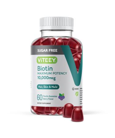 Sugar Free Biotin Gummies 10 000mcg - for Healthy Hair Growth Healthy Skin Glow & Strong Healthy Nail Growth for Women Men & Teens - Vegan Non GMO Gluten Free - Chewable Berry Flavored Gummies 60 Count (Pack of 1)