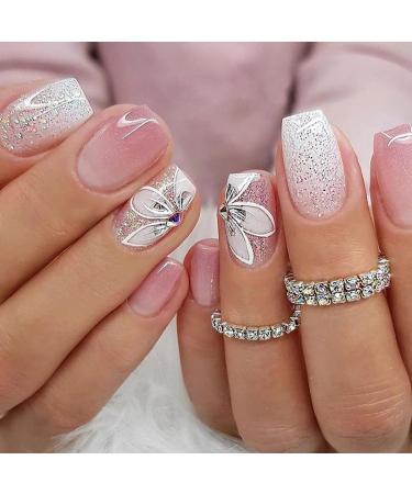 IMSOHOT Medium Press on Nails - Pink Gradient Coffin Shape with Flash Flower | Glossy Ballerina Full Cover Acrylic False Nails for Women - Buy Online on GoSupps.com