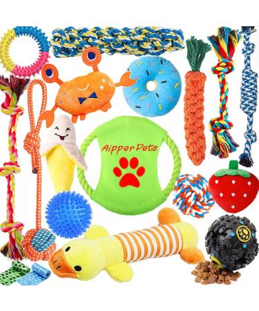 Aipper Dog Puppy Toys 18 Pack, Puppy Chew Toys for Fun and Teeth Cleaning, Dog Squeak Toys, IQ Treat Ball, Tug of War Toys, Puppy Teething Toys, Dog rope toys pack for Medium to Small Dogs Assorted Colors