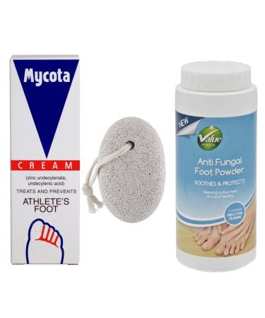 Athletes Foot Treatment Bundle with Mycota Athletes Foot Cream 25g and Value Health Antifungal Powder 75g with Glameno Pumice Stone