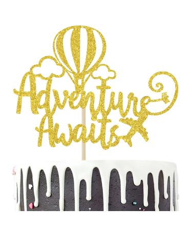 Adventure Awaits Cake Topper Congrats Grad/New Chapter Cake Topper 2024 Graduation/Retirement/Bon Voyage/Baby Shower/Moving Party/Travel Theme Party Decorations Supplies Gold Glitter
