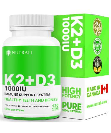 Max Strength Vitamin D3 + K2 1000 IU with MK-7 120mcg - D3 + K2 Vitamin for Heathy Strong Bones Teeth & Immune Support 120 Vegan Capsules 120 count (Pack of 1)