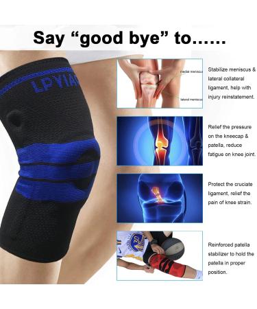 Knee Brace Compression Sleeve - Support for Arthritis Running Basketball | Side Spring & Silicone Pad - XXL (Black-Blue - Buy Online on GoSupps.com