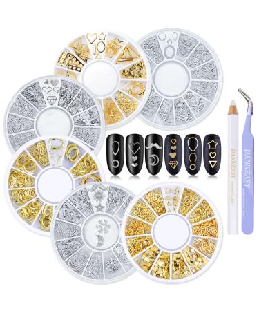 DANNEASY Gold Silver Nail Charms 3D Nail Art Studs Set Hollow Metal Nail Jewels Nail Charm Star Moon Heart Manicure Tips Nail Decoration with 1pc Tweezers, Wax Pen (6 Wheels) gold&silver charms