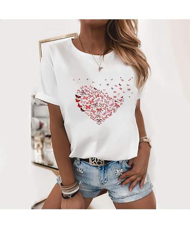 Women's White Butterfly Print Short Sleeve Blouse - Cute Graphic Crew Neck Tee - Buy Online on GoSupps.com