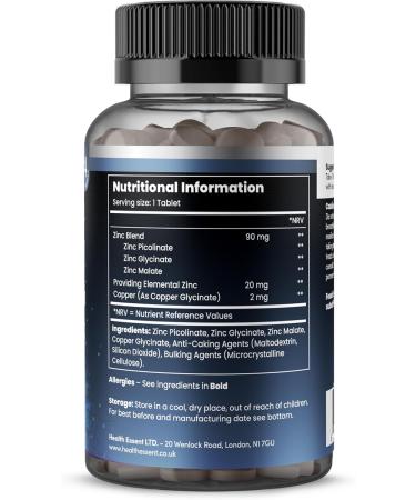 Zinc Picolinate 3-in-1 High Strength 92mg - Zinc Picolate Glycinate and Malate with Added Copper Glycinate - Immune Support Hair Skin & Nails - (4 Month Supply) - 120 Tablets by HealthEssent - Buy Online on GoSupps.com