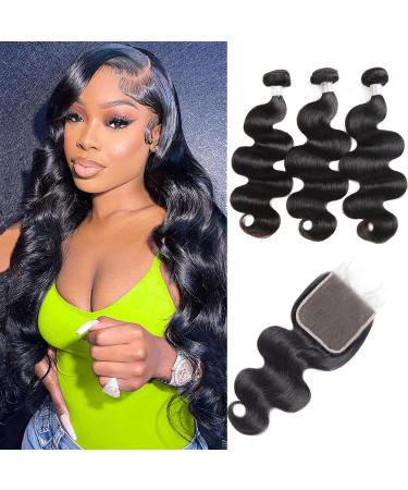 18 20 22 Inch Body Wave Bundles Human hair with Closure (16 Inch 5x5 lace Closure) Brazilian 3 Bundles with Closure Unprocessed Virgin Human Hair Body Wave Bundles with 5x5 Lace Closure Free Part 18 20 22 + 16 Body Wave ...