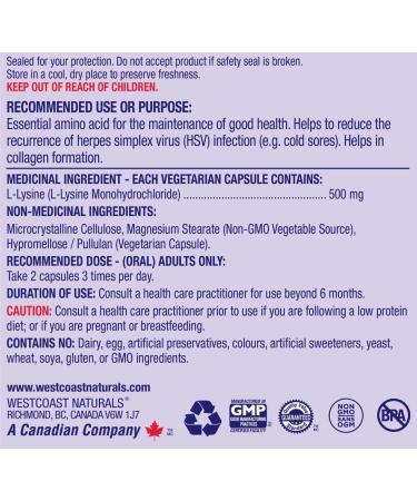 WESTCOAST NATURALS Lysine Veggie Capsules 500 mg 90 Count - Buy Online on GoSupps.com
