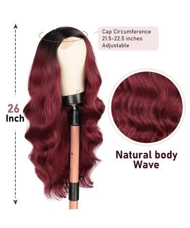 Wine Red Ombre Long Wavy Burgundy Wig | Body Wave Synthetic Heat Resistant Fiber | 26'' Side Part Wig for Women - Buy Online on GoSupps.com