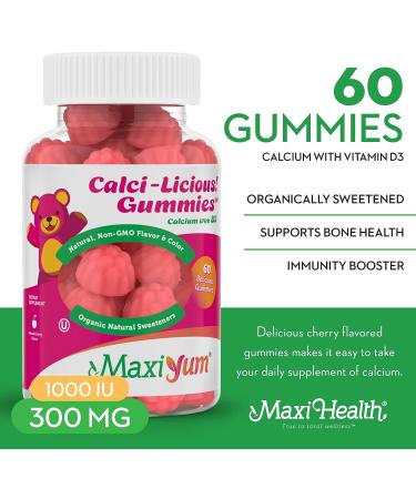 Maxi Health Calci-Licious Coral Calcium Gummies with Vitamin D3 - 60 Easy-to-Chew Pieces, 300 mg Calcium and 1000 IU Vitamin D3 - All Natural Supplement - Buy Online on GoSupps.com