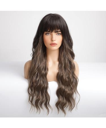 EMMOR Ombre Brown Long Curly Wig with Bangs | Heat Resistant Synthetic | Natural Look for Women - Buy Online on GoSupps.com