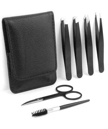 Fuckette eyebrow cutter set - 6 -part - with 4 epilator tweezers 1 eyebrow brush and 1 eyebrow scissors - in a leather pocket - black