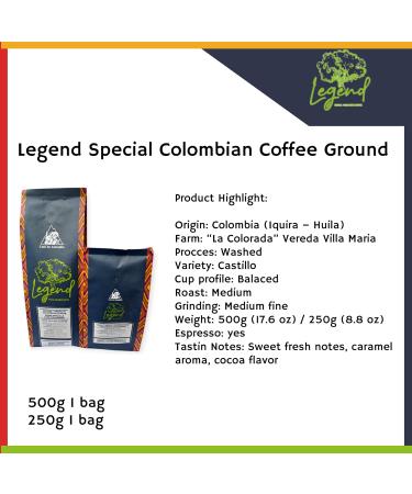 Legend Special Colombian Coffee | Ground | Medium fine Grinding | Balanced body | Medium roast |100% Organic | Variety Castillo | 250 gr (8.8 oz) - Buy Online on GoSupps.com