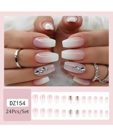 Glossy Pink White Medium Coffin Press On Nails - 24Pcs | Summer Nail Art with Rhinestone & Glitter | Full Cover Acrylic Stick On Nails for Women - Buy Online on GoSupps.com
