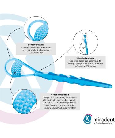 Miradent Tong-Clin de Luxe Tongue Cleaner - Gentle Bad Breath Removal | Blue Transparent | Short Bristle Field | Extra Flat & Curved Stencil - 1 Piece - Buy Online on GoSupps.com