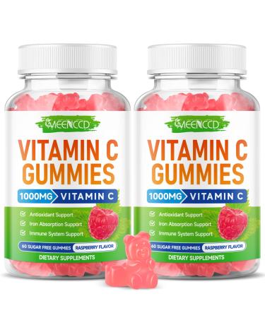 MEENCCD 2 Pack Organic Vitamin C Gummies for Adults Chewable Vitamin C Gummies with Zinc for Immune Support Vegan Non-GMO Sugar-Free Raspberry Flavor 120 Count