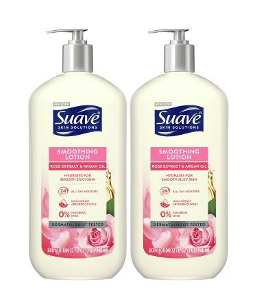 Suave Body Lotion for Women - Smoothing Rose Extract and Argan Oil Moisturizer for Dry Skin Fresh and Floral Fragrance Paraben-Free Dry Skin Lotion 32 Oz Ea (Pack of 2)